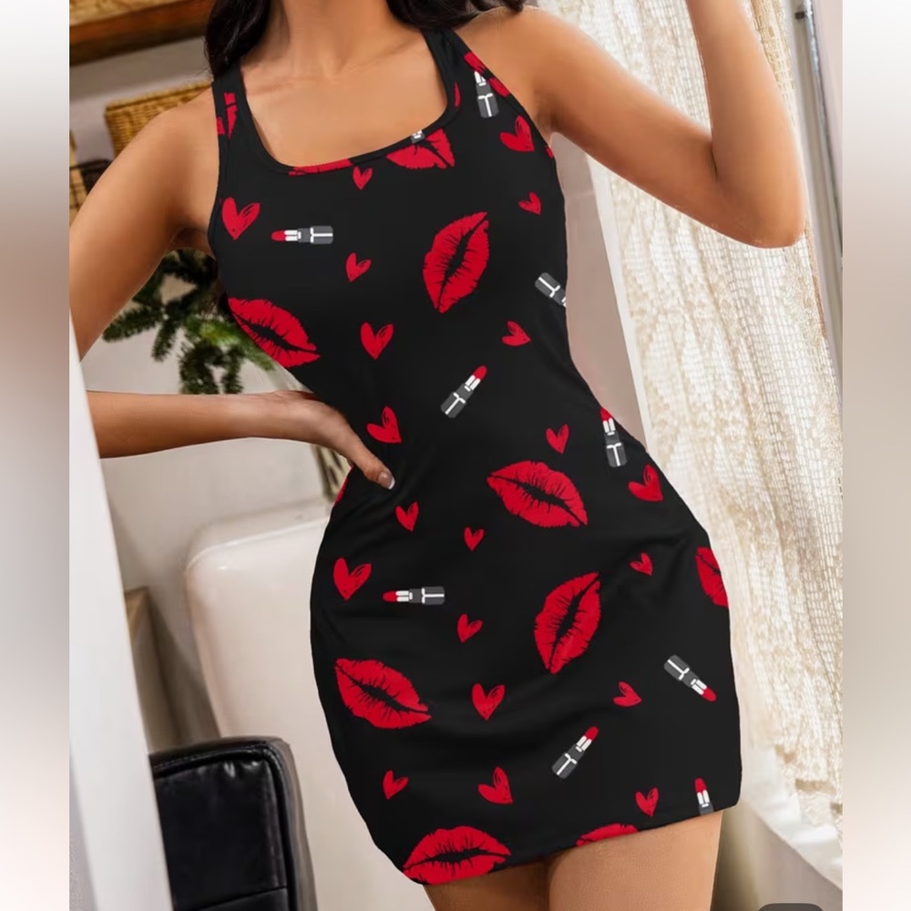 Black Dress with Red Lipstick and Heart Print
